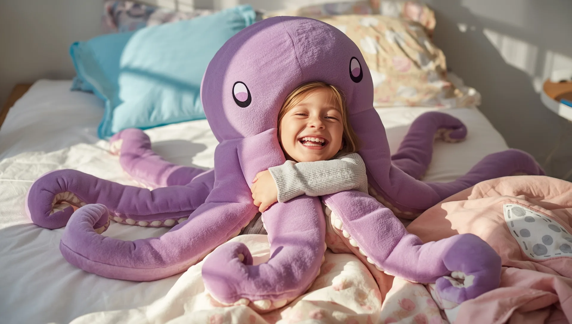 Laughing child hugging a large purple octopus plush on a bright bed