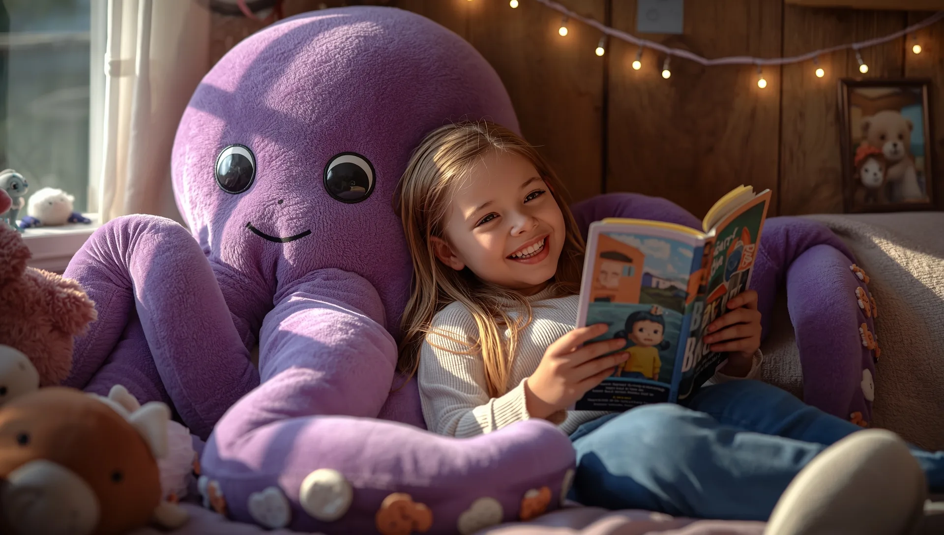 Girl reading a book while leaning against a giant purple octopus plush in a cozy reading corner