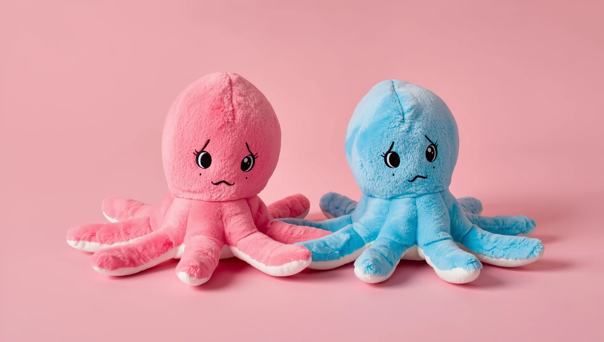 Two reversible octopus plushies side by side showing the happy pink face and the grumpy blue face